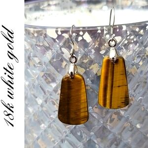 Genuine Tiger's Eye Stone Earrings with 18k White Gold Jewelry Clasp